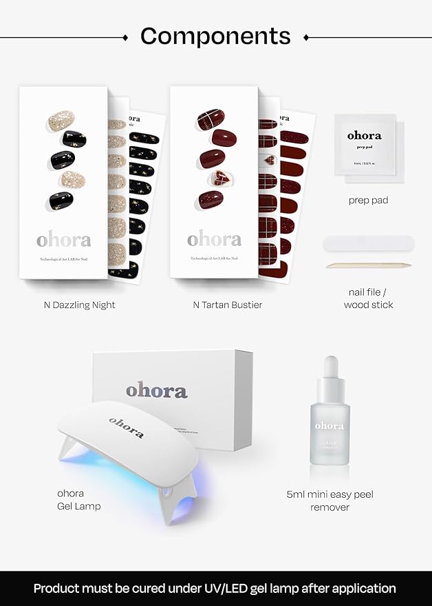 ohora Semi Cured Gel Nail Strips ([2025 Christmas Set] N Dazzling Night & N Tartan Bustier) - Works with Any Lamps, Salon-Quality, Long Lasting, Easy to Apply & Remove