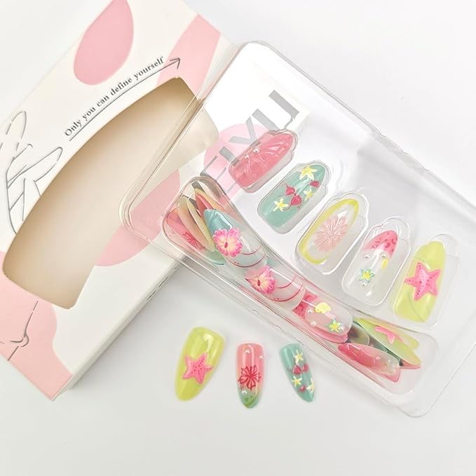 24Pcs Summer Beach Press on Nails Medium Almond Fake Nails Colorful 3D Hibiscus Flowers Heart Starfish Design Glossy Full Cover Stick on Nail French Tip False Nails for Women Girls Acrylic Cute Nails