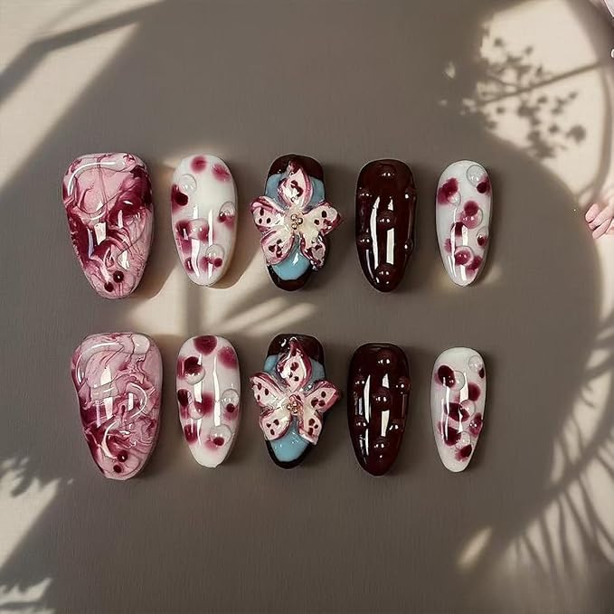 10Pcs Halloween Handmade Press on Nails Medium Almond Fake Nails Red Flower False Nails with 3D Water Droplet Rendering Design Full Cover Artificial Glue on Nails Gothic Stick on Nail for Women DIY