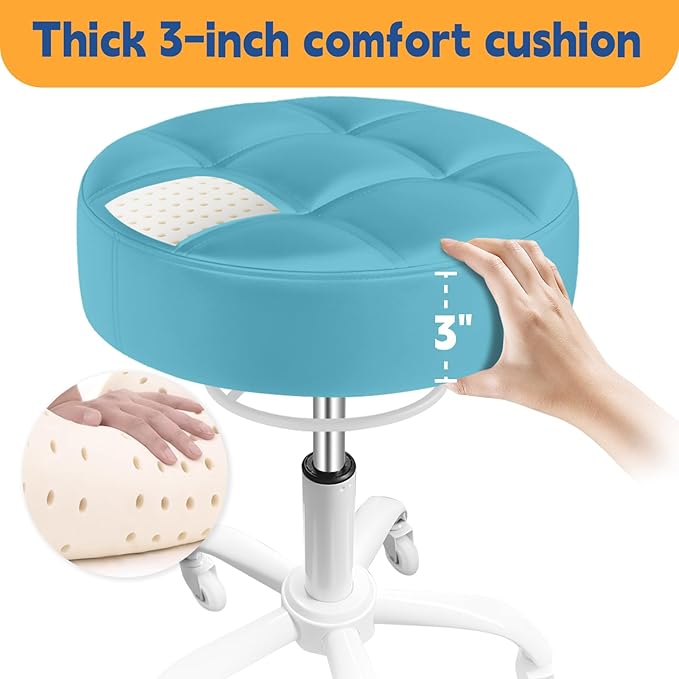 Rolling Stool Heavy Duty 400lb: Super Soft Seat Cushion,360° Swive,Height Adjustability,No Squeaky Noises,No Tip Over,New Upgraded stool Salon Stool Chair, Tattoo Facial Massage Spa Medical(Cyan)
