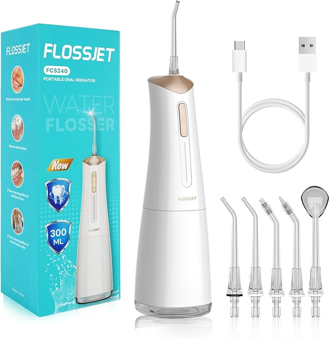 Water Dental Flosser Cordless Oral Irrigator with 300ml 5 Tips 4 Modes USBCharger Portable Travle Irrigation Cleaner IPX7 Electric Irrigador Dental for Teeth Cleaning (White)