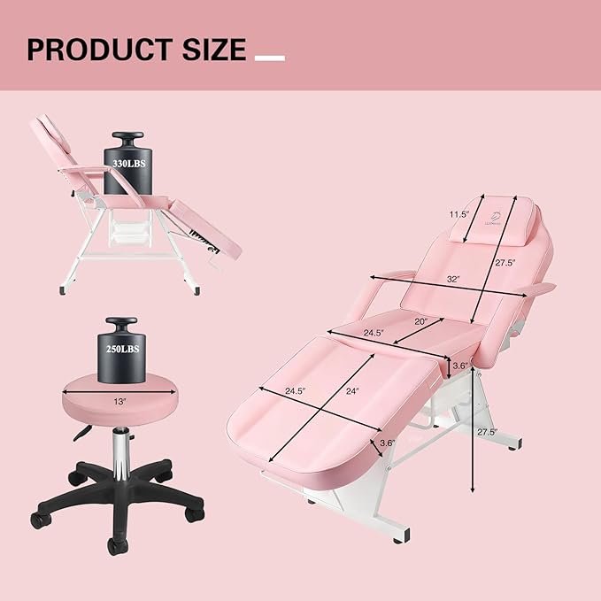 Facial Chair, Tattoo Chair Massage Bed with Hydraulic Stool for Professional Massage Facial Lash Beauty Treatment Spa, Pink