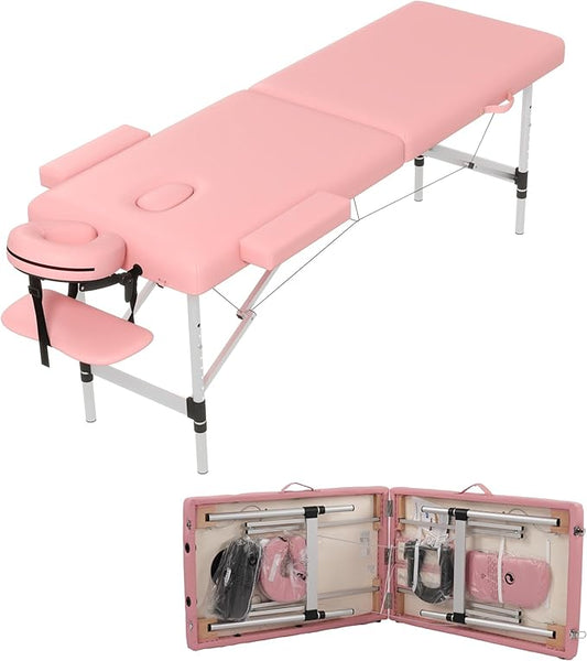 Massage Table Massage Bed, Portable 2 Section Foldable Tattoo Bed, Height Adjustable Lash Spa Bed with Face Cradle, Home Light Weight Facial Salon Bed with Aluminum Frame, Light Pink