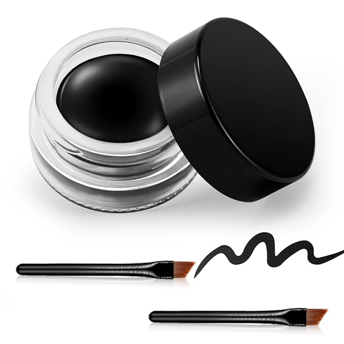 Erinde Black Gel Eyeliner, Waterproof Cream Eyeliner Gel Pot, High-Intensity Pigments Long Lasting Smudge Proof Eye Liner Eyebrow Makeup, Waterline Matte Eye Liner with 2PCS Brushes, 02 Balck