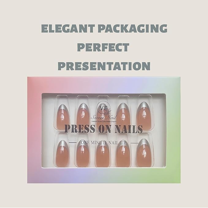 Press on Nails – Short Almond Silver French Tip Fake Nails, 30pcs in 15 Sizes, Durable & Reusable Glue-on Nails for Women & Girls, Elegant Design for Any Occasion