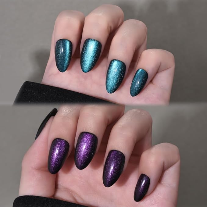 evpct Dark Blue Purple Press on Nails Almond Short, Purple Sapphire Blue Cat Eye Glitter Press on Nails for Women Gift, Soft Gel Press Glue On Nail with Nail Glue 60Pcs Reusable Acrylic Fake Nails Kit