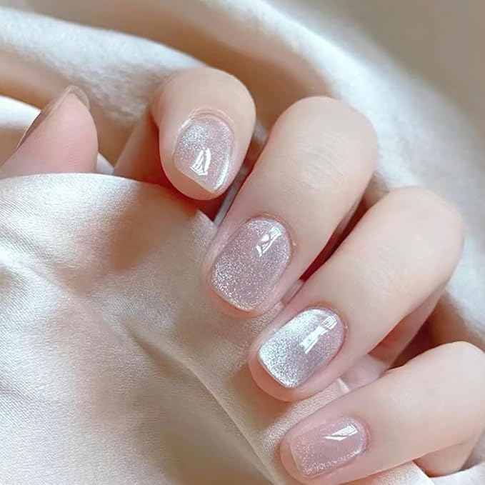 Cat Eye Nude Press On Nails Short Square, Designer Reusable Acrylic Fake Nails with Glue, Glossy Soft Gel Nails Wedding and Party, Stick On Glue On Nails, Nails Press Ons for Women