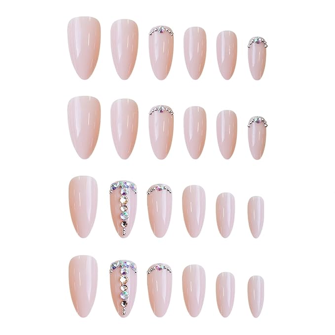 IMRAIN Press on Nails Medium Almond Fake Nails Acrylic Nail Supplies Pink Nude Glossy Nail Art Full Cover Glue on Nails Full Cover False Nails with Rhinestone Designs for Women 24Pcs