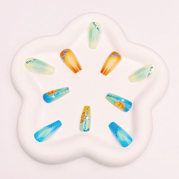 Thanksgiving Press on Nails Coffin Medium False Nails Color Glue on Nails with Butterfly Patterns Blooming Designs Fall Nails Press ons Glossy Artificial Fake Nails for Girls and Women 24Pcs