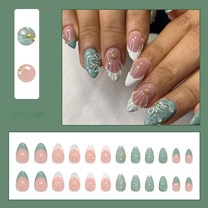 Summer Press on Nails Short Almond Fake Nails French Tips False Nails 3D Floral Ripple Nude Blue with Rhinestones Design Glossy Stick on Nail for Women Decoration Nail Art Accessories
