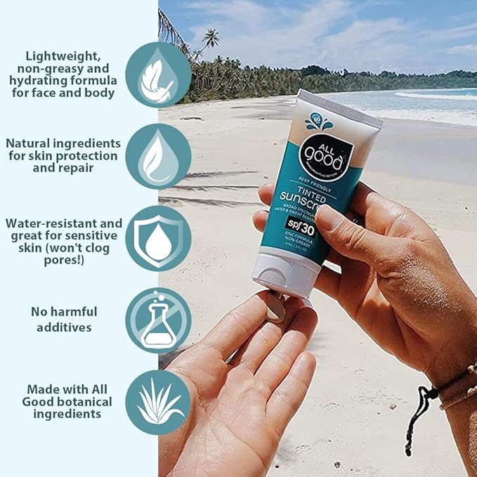 All Good Sunscreen - Tinted Mineral Sunscreen for Face & Body - SPF 30, Water Resistant, Coral Reef Friendly, Coconut Oil, Jojoba Oil, Shea Butter, Aloe 3 oz (2-Pack)