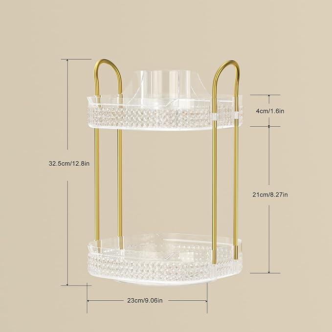 360 Rotating Makeup Organizer 2 Tier, Large Skincare Clear Make Up Storage Spinning Perfume Organizers for Bathroom Counter Dresser, White