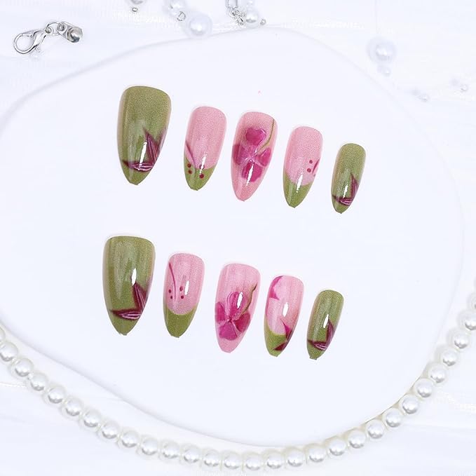 24Pcs Flower Press on Nails Short Almond Fake Nails Spring Summer Floral Designs Stick on Nail Green French Tip False Nails Cute Glue on Nails Glossy Full Cover Artificial Acrylic Nail for Women
