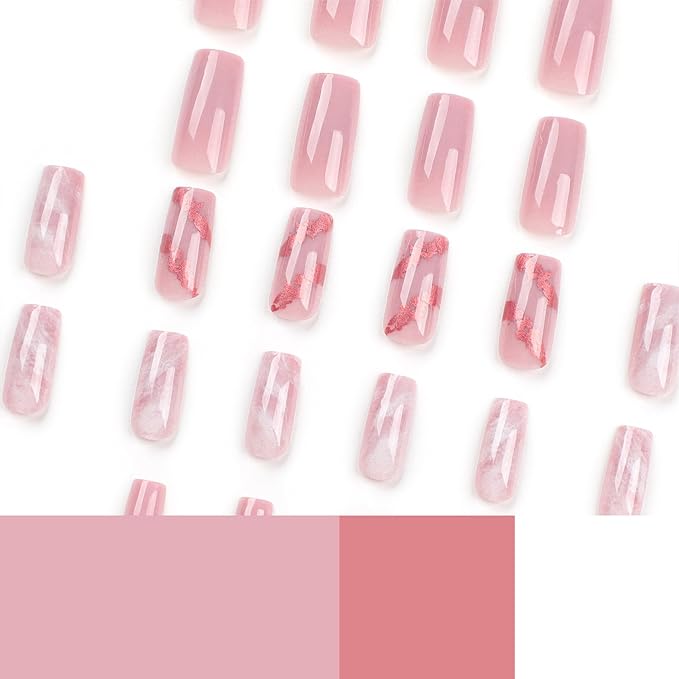 Press on Nails Medium Square Fake Nails Pink Marble Acrylic Nails with Gold Foil Design Glossy Acrylic False Nails Full Cover Glue on Nails for Women Girls 24 Pcs