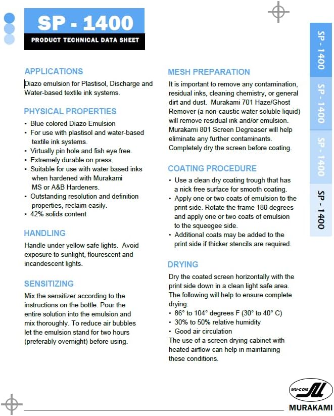 Murakami Screen - SP1400 (Quart Size) Premium Diazo Emulsion, Professional Screen Printing Emulsion for Apparel and Textile, Compatible with Plastisol, Water Based, Discharge Inks