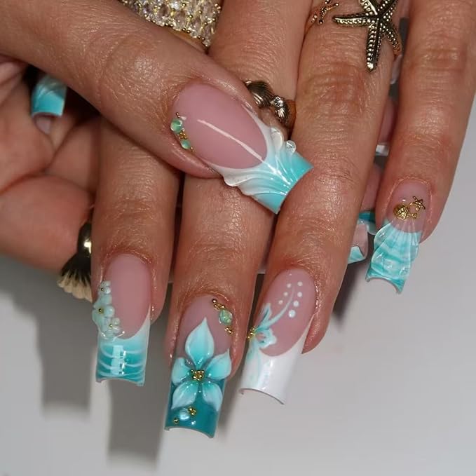 24Pcs French Tip Press on Nails Medium Square Fake Nails 3D Flower Starfish Rhinestones Gems Design Spring Summer Cute False Nails Blue Cyan Hibiscus Flower Acrylic Nails for Women French Manicure