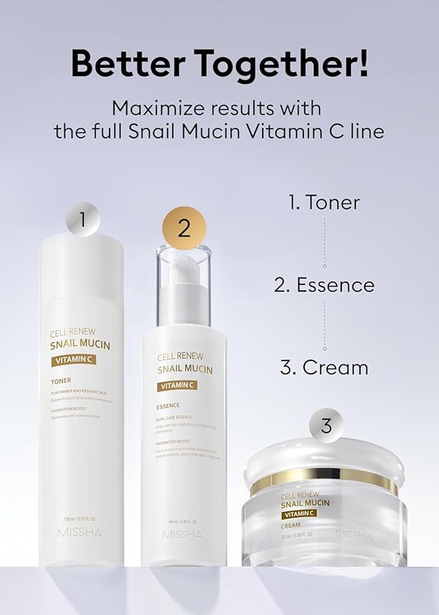 MISSHA Cell Renew Snail Mucin Vitamin C Essence Serum 3.38 Fl oz - Hydrating Korean Skincare for Glass Skin, Snail Mucin Serum for Improved Skin Texture & Complexion