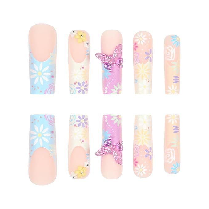 Long Press on Nails Square Colorful Fake Nails with Color Flower Designs 5D Butterfly Glue on Nails Light Pink Matte False Nails Extre Long Square Acrylic Nails Press ons for Girls 24Pcs