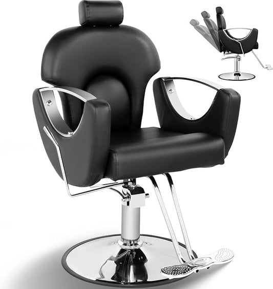 Reclining Salon Chair for Hair Stylist, Heavy Duty Hair Barber Chair with Adjustable Headrest, 360 Degree Swivel Beauty Spa Equipment Max Load 440Lbs, Black Silver