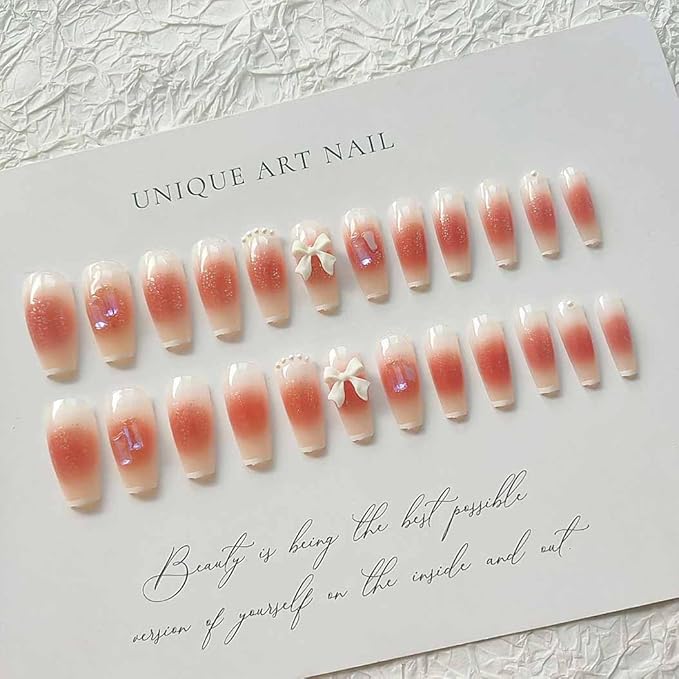 RikView Long Fake Nails Pink Press on Nails with Pearls Coffin Acrylic Nails Glossy Full Cover Nails for Women 24 PCs/Set