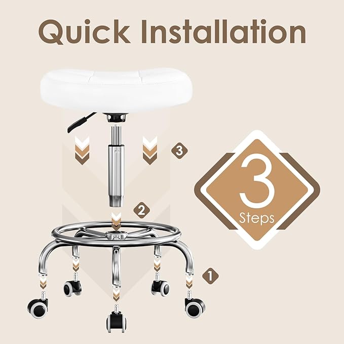 Rolling Stool Wider Rectangular Cushion-Provides a Comfortable, Stable Support Surface with Loop Footrest for Leg Support,Adjustable Stool with Wheels for Salon Tattoo Massage Office Home (White)