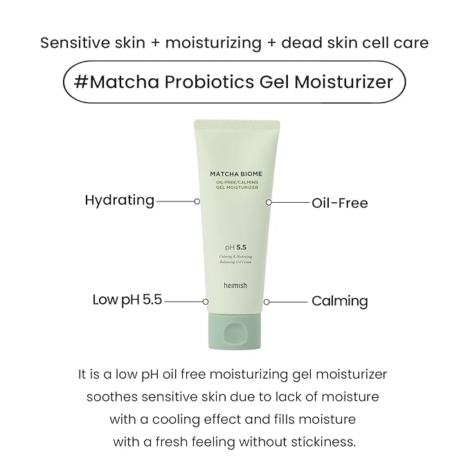 HEIMISH Matcha Biome Oil-free Calming Gel Moisturizer - Moisturizing, Cooling, Soothing, Low Irritating, Non-sticky formula with Matcha, Probiotics, for Oily & Acne-prone Skin, pH 5.5, 3.4fl.oz/100ml