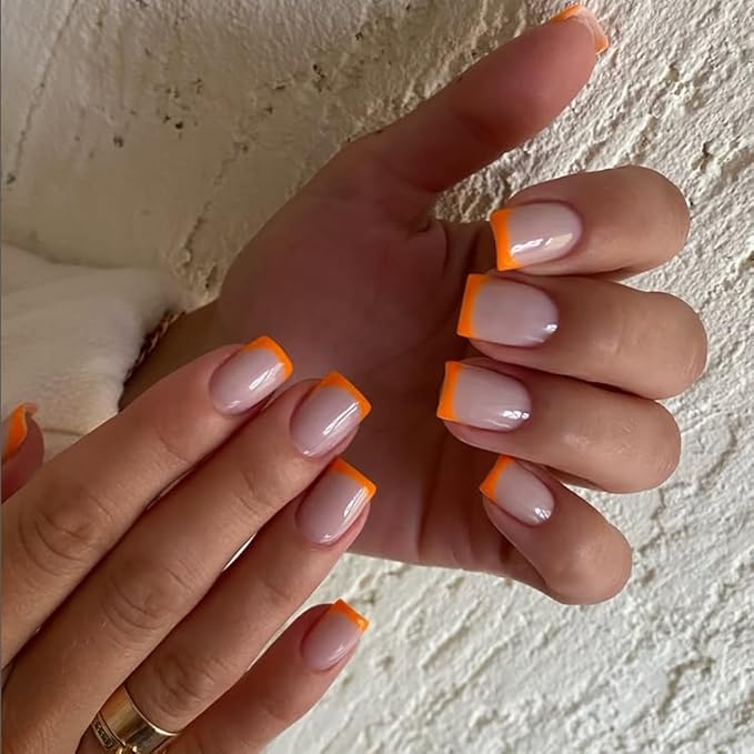 30 Pcs Orange French Tip Press on Nails Short Square, Acrylic Fake Nails Press ons with Glue, Small Coffin Acrylic Natural Nude Glue on Nails for Women, 15 Sizes