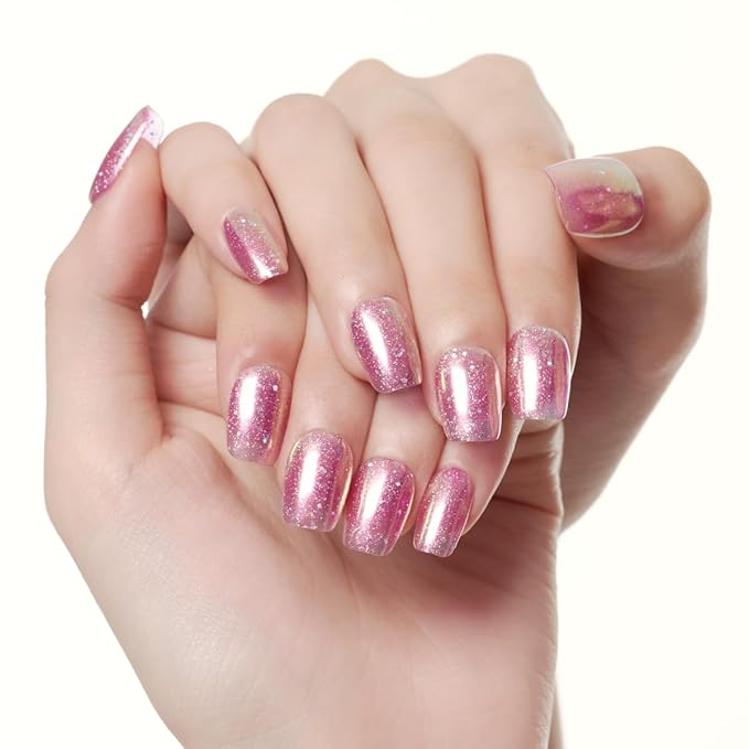 GLAMERMAID Glitter Pink Press On Nails Extra Short Square, Handmade Jelly Soft Gel Nails Fake Nails kit, Glossy Nails Manicure Kits Stick Glue on False Nail for Women Galaxy Star Design