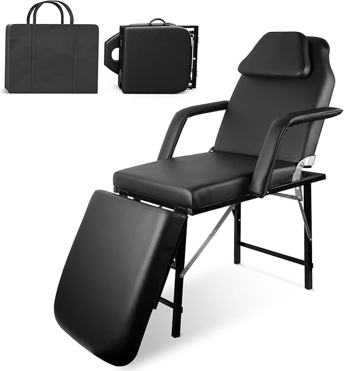 Portable Tattoo Chair, Adjustable Massage Facial Bed with Removable Headrest & Armrest, Foldable Spa Chair with Carry Bag, 73 Inch Esthetician Bed for Salon Beauty Barber Spa Tattoo (Black)