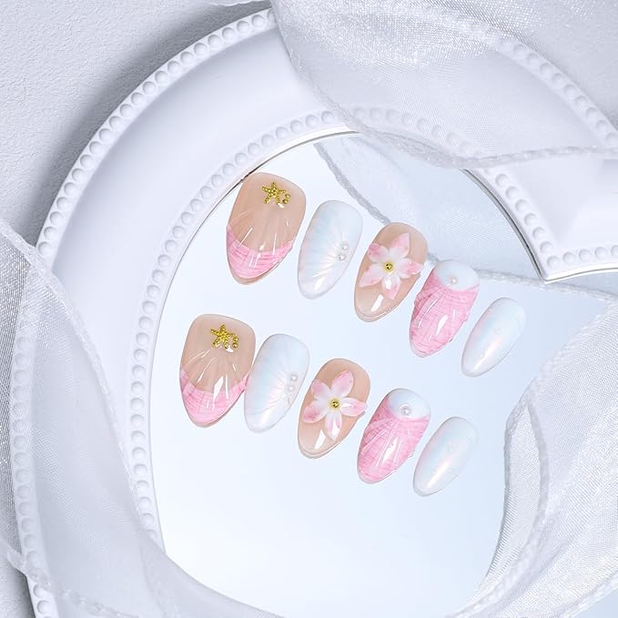 French Tip Press on Nails Short Almond Summer Fake Nails with 3D Flower Starfish Design Reusable Artificial Handmade False Nails Pink White Glossy Glue on Nails for Women Girls Acrylic Nails DIY 10Pcs