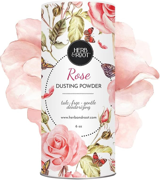 Herb & Root Rose Scented Talc-Free Dusting Powder for Women: Anti-Chafing Body Powder with Arrowroot and Oats, 6 oz