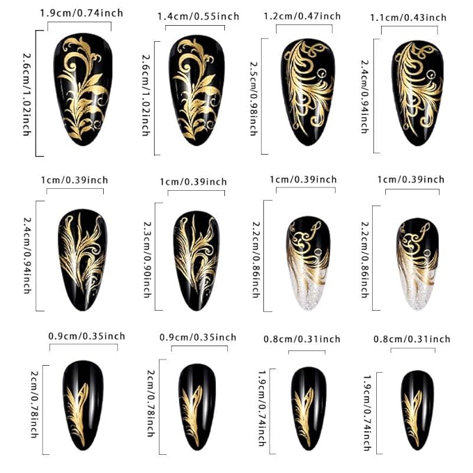 Almond Press on Nails Medium Black Fake Nails Luxurious Gold Stripes False Nails with Designs Golden Line Glue on Artificial Acrylic Nails Press ons Glossy for Women Girls Manicure 24Pcs