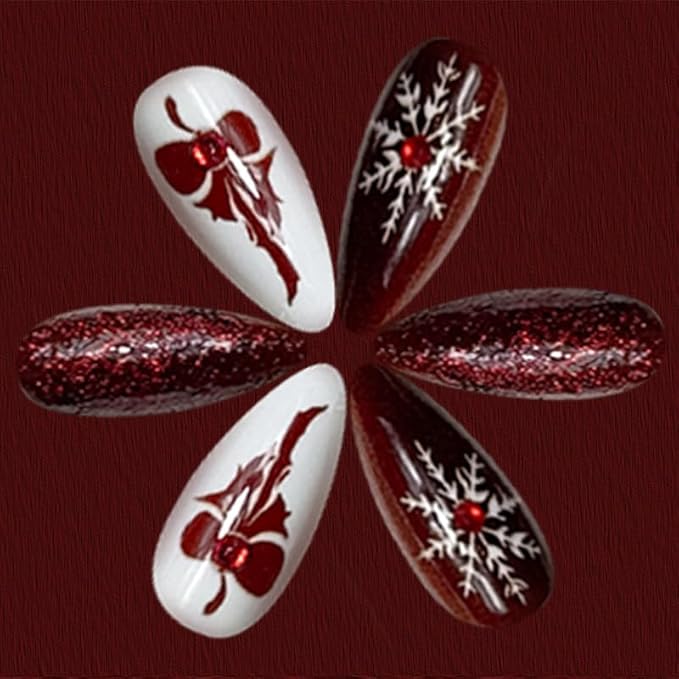 Press on Nails Red Almond Fake Nails French Tip False Nails Press ons with Wine Red Bow Snowflake Designs Medium Artificial Acrylic Nails Glitter Full Cover Glue on Nail for Women Manicure 24 Pcs