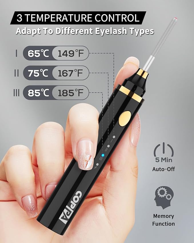 COPPA Electric Lash Curler, LP-1 Lipstick Type 3-in-1 Heated Eyelash Curler with 3 Brush Heads 3 Curling Modes and 3 Temp & 5s Quick Heat-up, Perfect for Beginners and Makeup Pros, Black