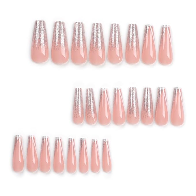 Balleria Press on Nails Silver Glitter French Tip Fake Nails | Long Coffin Glossy False Nails Full Cover Glue on Nails for Women 24PCS