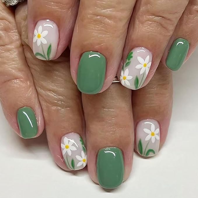 24Pcs Green Press on Nails Short Square Shape White Flower Fake Nails with Designs Reusable Spring Acrylic Nails Press On Solid Color Artificial Nails Cute Floral Stick on Nails for Women Nail Kit