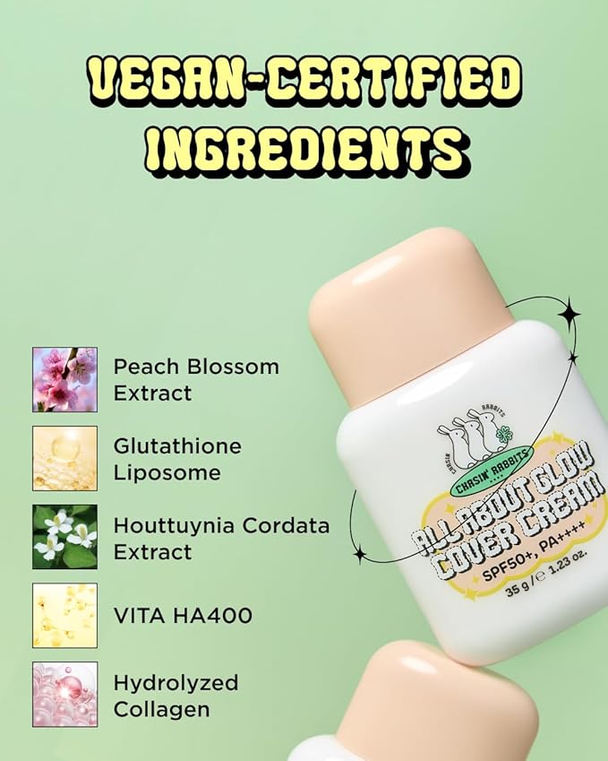 CHASIN' RABBITS All About Glow Cover Cream 1.23 Oz, Lightweight, Hydrating, Long-Lasting Radiance for a Flawless Glow, Smooth Skin Texture, Vegan, Korean Makeup