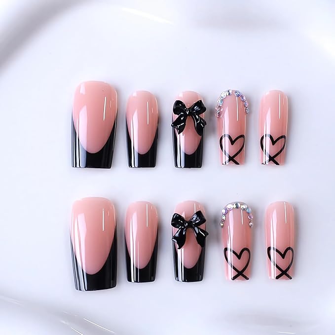 BABALAL Press on Nails Long Square Fake Nails Black French Tip Glue ons with Bow Charm Rhinestone Shiny Supplies 24Pcs Manicure Full Cover Acrylic False Nails