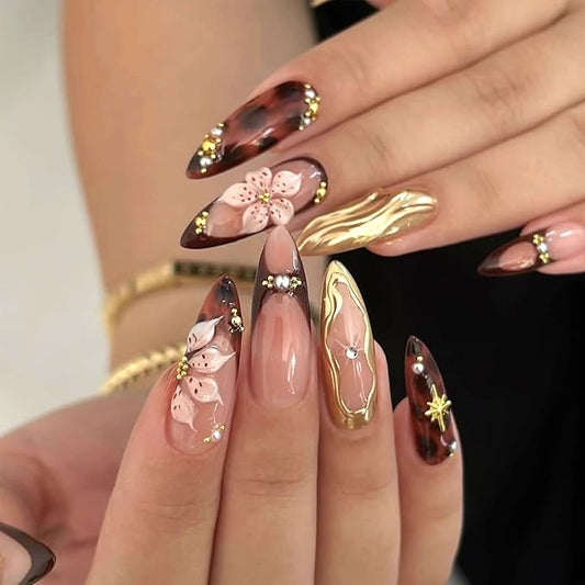 Fall Press on Nails Brown French Tip Fake Nails with Gold Charm Designs Medium Almond Handmade Glue on Nail Tortoiseshell Leopard False Nails 3D Floral Stick on Nails for Women 24Pcs
