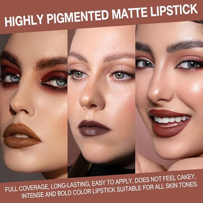 evpct 3Pcs Warm Brown Maroon Dark Wine Red Gradient Matte Lipstick Lip Liner Crayon Combo Pencil Set for Women Long Lasting, Cream Lip Liner and Lipstick Combo Makeup，Flawless Gradual Ombre Effect