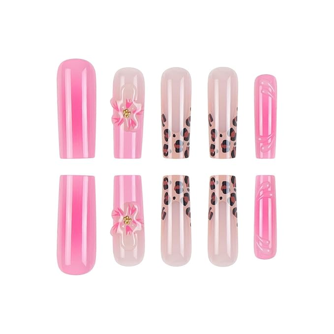Long Press on Nails Square Fake Nails French False Nails Pink Artificial Nails with Flowers and Leopard Designs Cute Stick on Nails for Women 24pcs