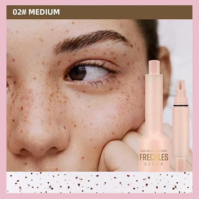 Freckle Stamp with 5 Point Precision Stamp Head, Natural Looking Faux Freckle Stamp Waterproof Fake Freckle Stamp Pen, High Pigment Long-Lasting Lifelike Sunkissed Pencil Tool Makeup (02# Medium)