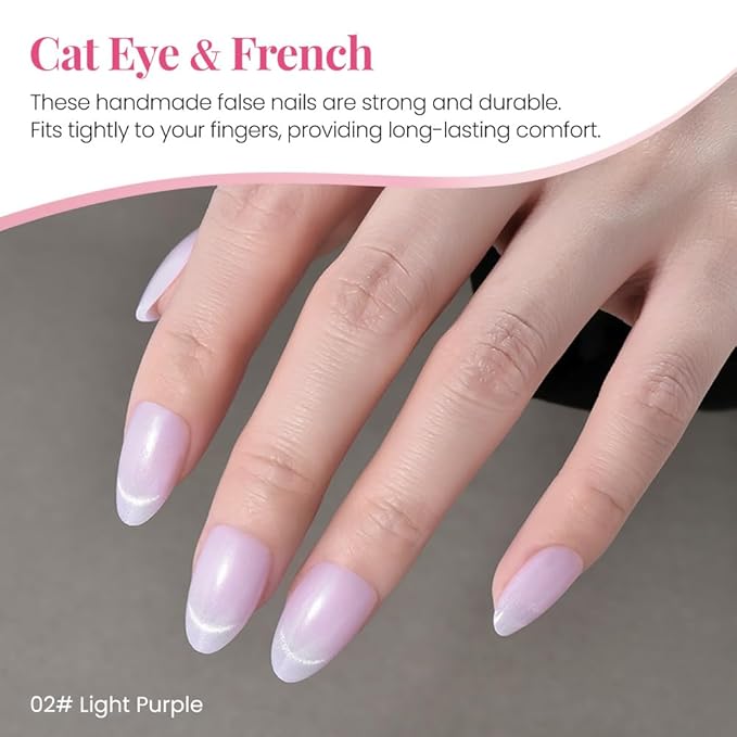 Cat Eye Press on Nails Short Almond - Light Purple & Nude Pink Shimmer Glossy French Tip Press on Nails for Gift, Soft Gel Press Glue On Nail with Nail Glue, Full Cover Reusable Acrylic Fake Nails Kit