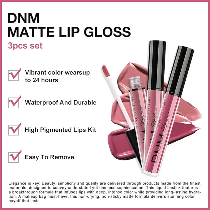 AMY'S DIARY 3Pcs Matte Rose Pink Liquid blush Lipstick Set, Soft Pink Nude Dusty Rose Mauve Red Lip Stain Kit, LipStain Long Lasting 24 Non-Transfer Lip Gloss, Waterproof Lip Makeup for Women Lippies