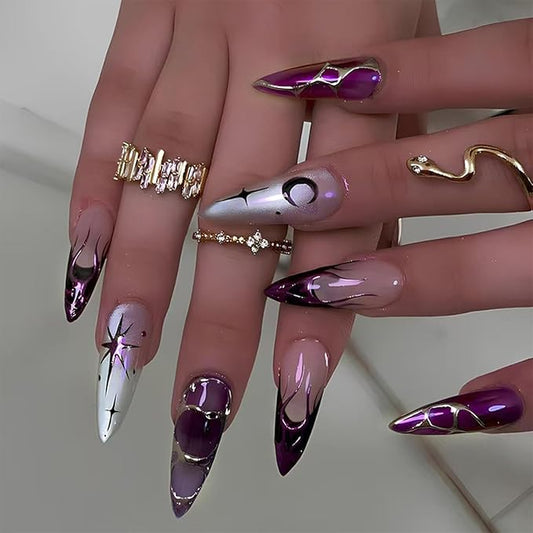 IMRAIN Press on Nails Almond Medium Fake Nails Purple Glue on Nails with Cat's Eye Designs Full Cover Moon Star French Tips False Nails Manicure Y2K DIY Nail Art 24Pcs Glossy Stick on Nails