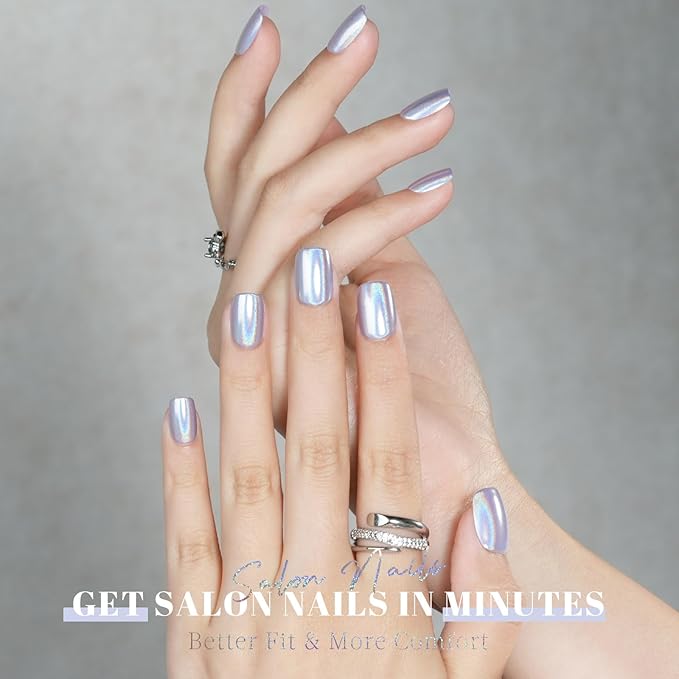 Press on Nails Short, Jofay Fashion Soft Gel Fake Nails, Rainbow Laser Purple Press on Nails, Reusable & Natural Acrylic False Nails, Stick on Nails for Women Girls Gift, Glue on Nails Kit 32 Pcs