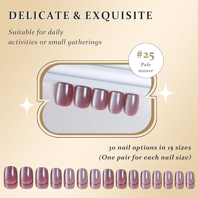 evpct Pale Mauve Cat Eye Short Press on Nails Square, Glue on Nails Short Square for Women Gift, Mauve Metallic Glitter Glossy nails press ons, Reusable Stick Press on Acrylic Fake Nail with Designs