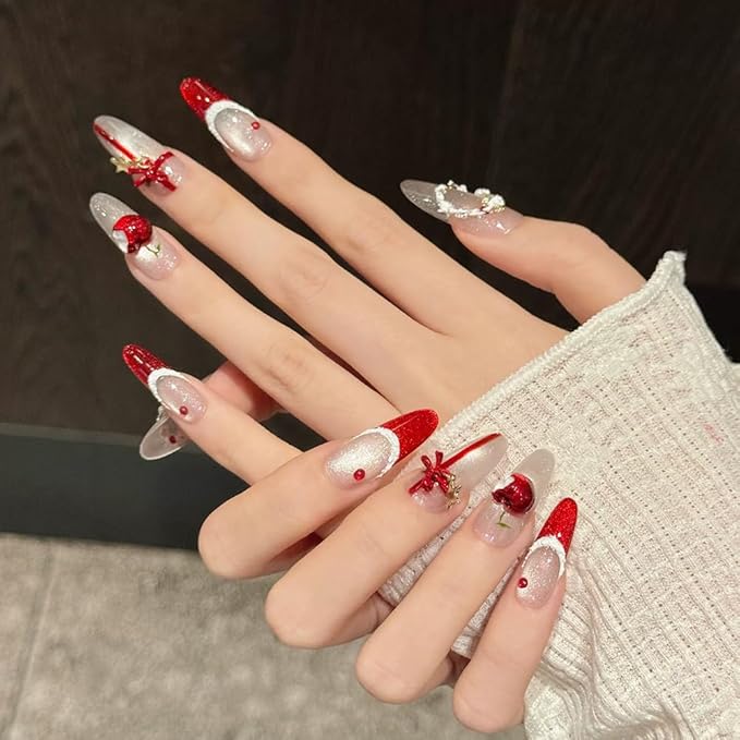 Handmade Press on Nails Long Stiletto Fake Nails Christmas French Tip with 3D Stars Bow apple Designs Red Glitter Cute Acrylic Nails for Women 10pcs (Size M）