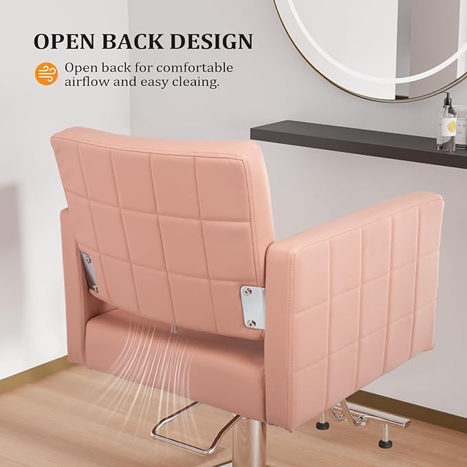 OmySalon Hydraulic Styling Chair for Hair Salon, Modern Pink Hairdressing Barber Chair w/Square Base & Footrest, 360 Degrees Swivel, Beauty Spa Equipment