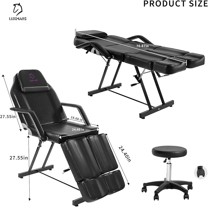 Facial Chair, Adjustable Tattoo Chair Salon Bed with Hydraulic Stool Massage Bed for Professional Massage Facial Lash Beauty Treatment Spa (Black15)